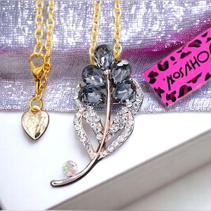 Gold-plated dark gray and white crystal Floral brooch with necklace chain BOGO